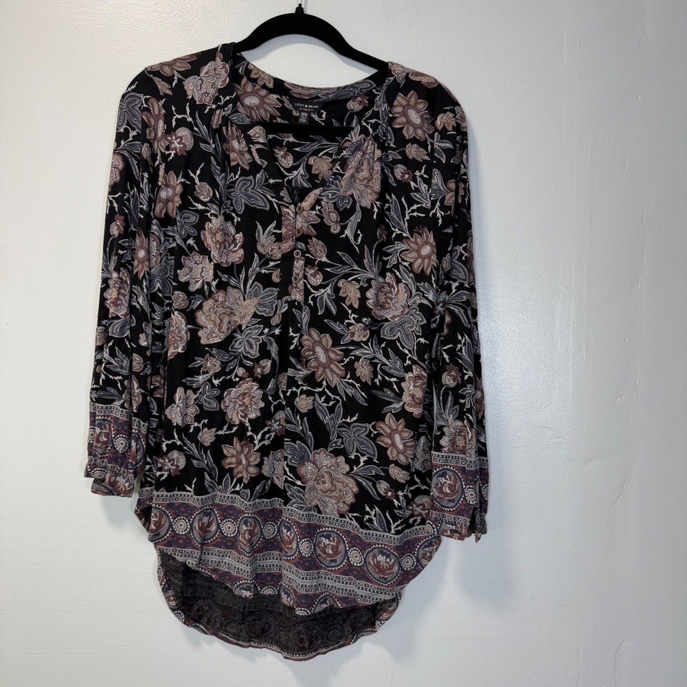 Lucky Brand Womens Floral Henley Tunic Blouse Black Purple Size M Boho